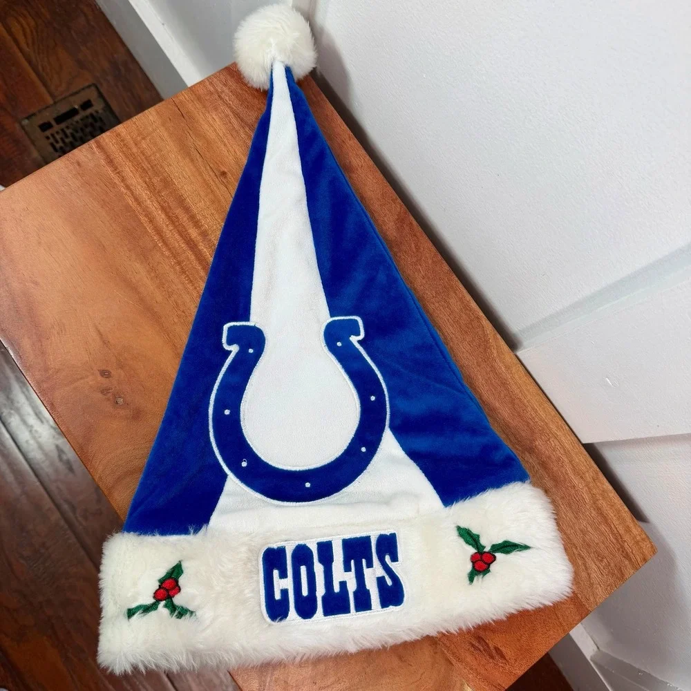 Indianapolis Colts Christmas Santa‎ Hat Blue White Horseshoe Logo Holly